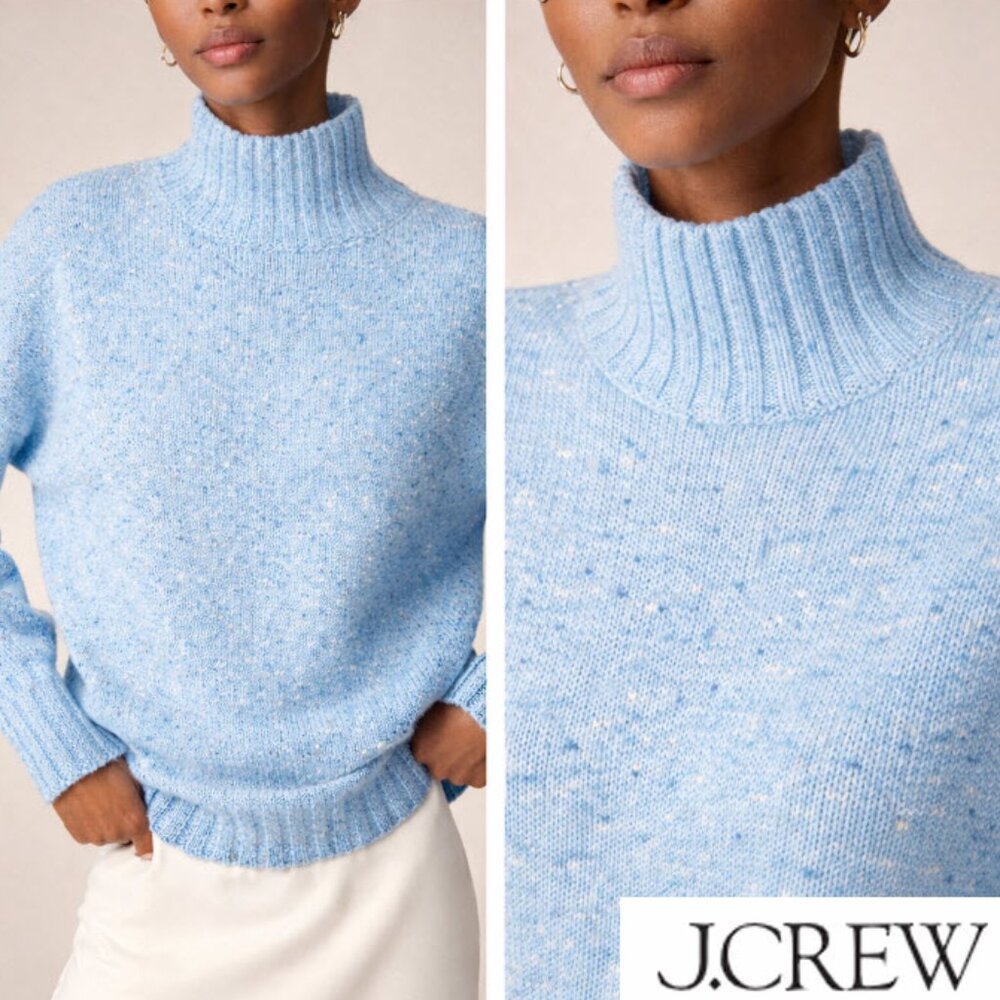 J.Crew Blue Merino Wool Chunky Knit Mock Neck Sweater Turtleneck Oversized Small